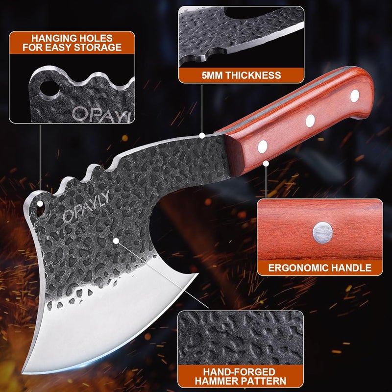 OPAYLY Meat Bone Cleaver Knife Heavy Duty Bone Choppe for Meat Cutting Hand Forged Butcher Axes with Cover cleavers High Carbon meat cleaver for Kitchen Outdoor Camping BBQ gifts for men - Image 5